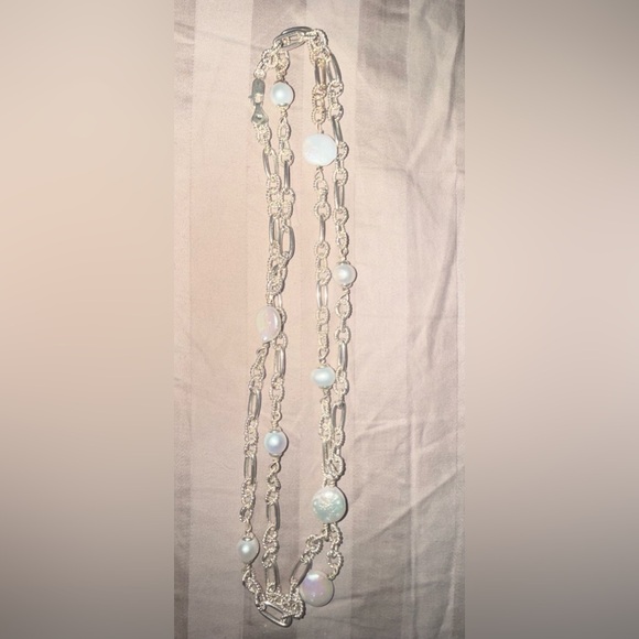 Vintage 925 sterling silver real White Pearl chain link Necklace - Picture 2 of 12